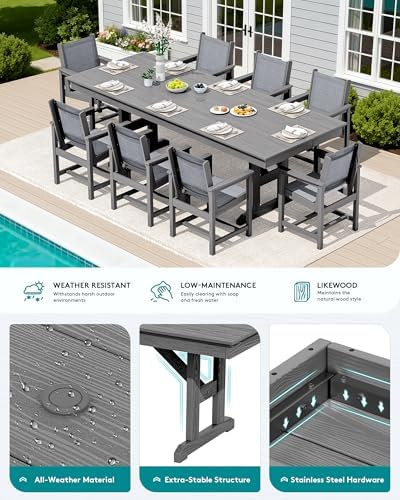 SERWALL 9Pcs HDPE Outdoor Dining Set for 8 with Sling Chairs,Gray - Image 4
