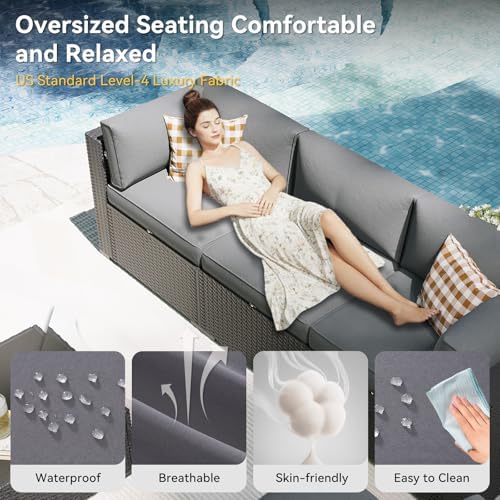 Aoxun Patio Furniture Set with Umbrella, 8 Piece Outdoor Sectional Sofas, Wicker Rattan Outdoor Furniture with Thickened Cushion for Backyard, Garden Light Grey - Image 3