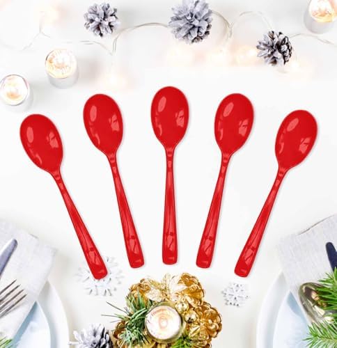 SietDESEO 50 PCS Red Plastic Spoons Disposable Utensils Heavy Duty Red Spoons Disposable Cutlery for Birthday Wedding Baby Shower Bridal Shower Plastic Silverware - Image 2