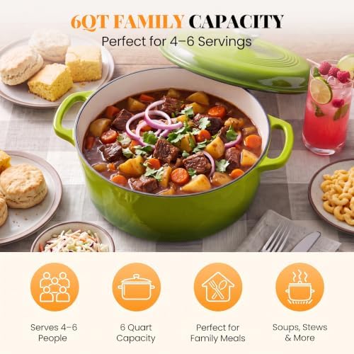 NEWBULIG Enamel Cast Iron Dutch Oven, 6 Quart Pot with Lid, Green - Image 3