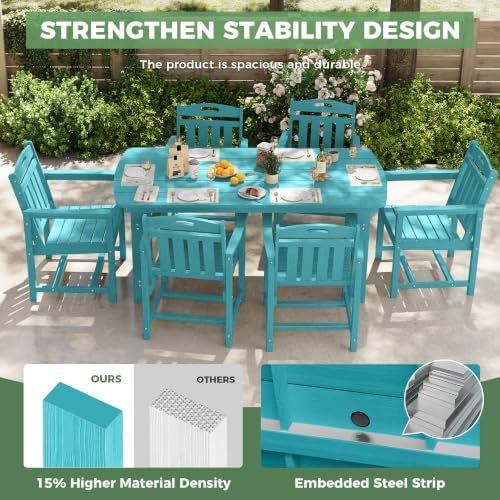 HDPE Outdoor Dining Set, Patio Table and 6 Chairs, 2" Umbrella Hole, Lake - Image 4