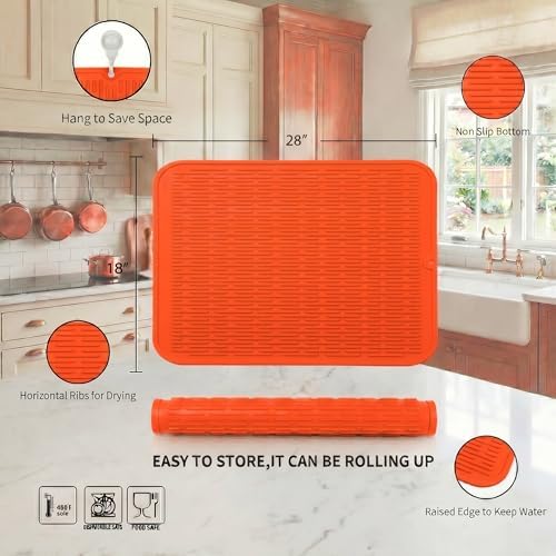 MicoYang Silicone Dish Drying Mat for Multiple Usage,Easy clean,Eco-friendly,Heat-resistant Silicone Mat for Kitchen Counter or Sink,Refrigerator or Drawer Liner Orange 3XL 28 inches x 18 inches - Image 2