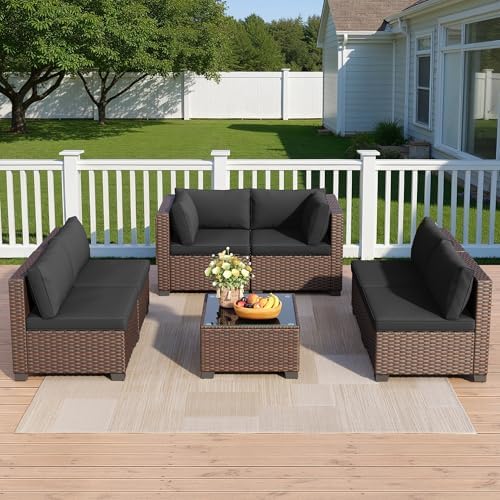 Qsun 7 Pieces Outdoor Patio Furniture Set, All-Weather PE Rattan Outdoor Patio sectional Furniture with Cushions and Glass Table, for Garden, Backyard, Porch, Black - Image 5