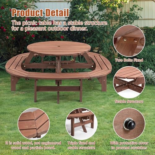 43.3'' Round Outdoor Dining Table Wooden Patio Dining Table & 1 Built-in Ring Stool for 10, 2" Umbrella Hole, Suitable for Backyard Garden Porch, Brown - Image 3