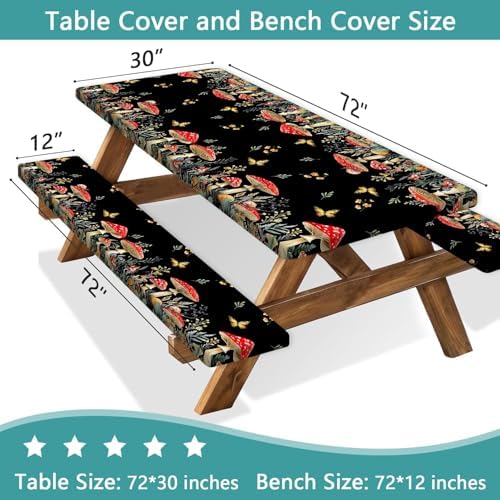 Mushroom Picnic Table Cover with Bench Covers, Camping Essentials, Waterproof Windproof Camping Tablecloth, Fitted Tablecloth Cover with Elastic Edge, for Indoor & Outdoor, Garden, 3 PCS, 30x72 Inch - Image 3