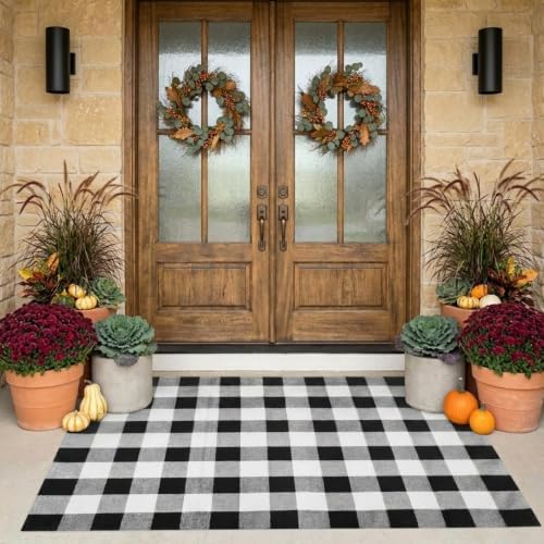 SEEKSEE Fall Decor Buffalo Plaid Rug 4' x 6' Black and White Large Front Door Mat, Layering Area Rug, Washable Cotton Rug for Outdoor Patio Entryway Indoor Living Room Kitchen Dining Room Decor by SEEKSEE
