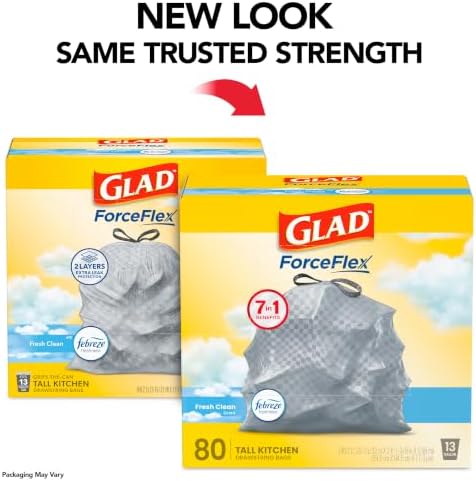 Glad Trash Bags, ForceFlex Tall Garbage Bags, 13 Gallon Grey Trash Bags for Tall Kitchen Trash Can, Fresh Clean with Febreze Freshness to Eliminate Odors, 80 Count (Packaging May Vary) - Image 2