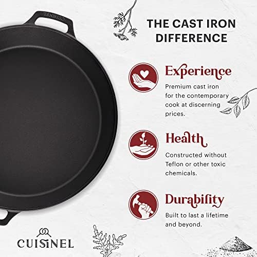 Cuisinel Cast Iron Skillet + Chainmail Scrubber - 15"-Inch Pre-Seasoned Dual Handle Braiser Frying Pan + Silicone Handle Covers - Oven, Grill, Stovetop, Fire, Kitchen Cookware - Indoor/Outdoor Use - Image 2