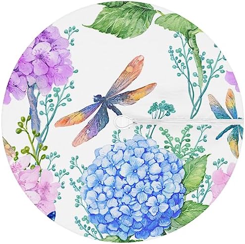 Fitted Round Tablecloth with Umbrella Hole and Zipper Flowers Hydrangeas Outdoor Elastic Table Cloth 36"-44" Oil-Proof Waterproof Dragonflies Patio Table Cover for Picnic Party - Image 6