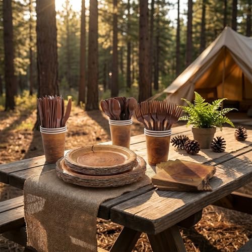 400 Pcs Disposable Rustic Wood Grain Slice Tableware Set for 50 Guests - Image 3