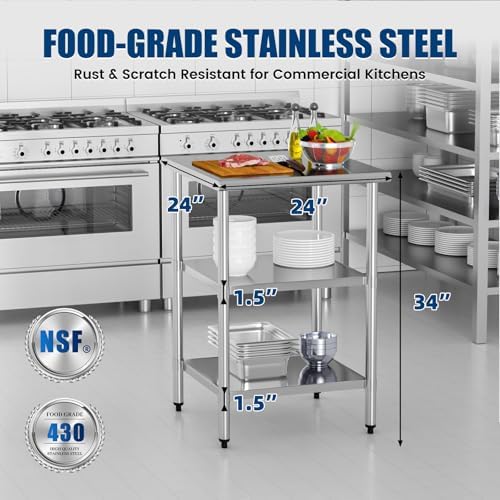 Stainless Steel Work Table 24 x 24 Inch with 2 Adjustable Undershelves, Heavy-Duty Metal Prep Table for Commercial Kitchen & Restaurant, Garage, Outdoor - Image 3