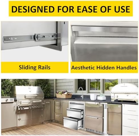 Outdoor Kitchen Drawers 18" W x 23" H x 23" D Flush Mount Triple BBQ Drawers with Hidden Handle Stainless Steel Drawer for Outdoor Kitchen Island, Patio Grill Station - Image 4