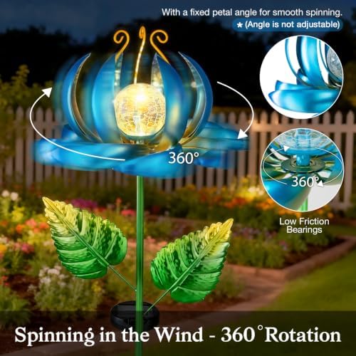 Solar Wind Spinner Lights, Metal Lotus Flower Garden Decor with Crackle Glass Globe, Outdoor LED Solar Stake Light for Yard Patio Lawn Pathway - Image 2