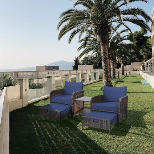 LEVELEVE Balcony Furniture 5 Piece Patio Conversation Set, PE Wicker Rattan Outdoor Lounge Chairs with Soft Cushions 2 Ottoman&Glass Table for Porch, Lawn-Brown Wicker - Image 6