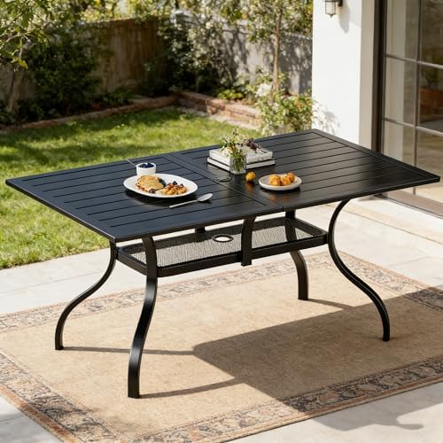 SUNCROWN 60"x37" Black Patio Outdoor Dining Table Metal Steel Slat Rectangular Bistro Table for Porch Deck Garden Backyard Poolside, 1.57" Umbrella Hole - Image 4