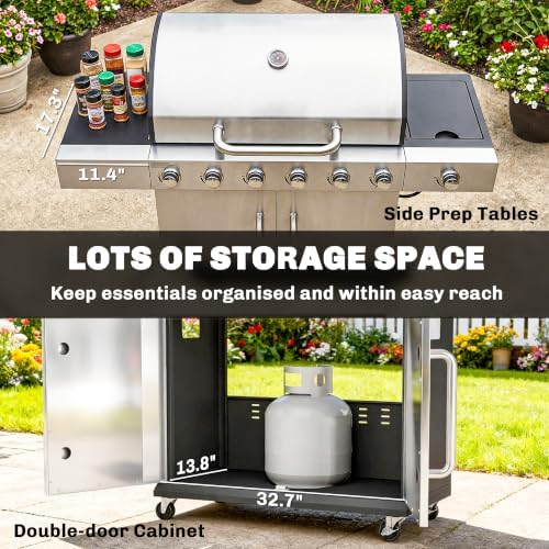 Outsunny 6 Burner Propane Gas Grill 63,000 BTU with Side Burner Wheels - Image 6