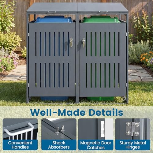 Goplus 44 Cu.Ft Outdoor Trash Can Storage, Garbage Can Hider Outdoor with 2 Lockable Doors Gas Struts & Shock Absorbers, Slant-roof Outdoor Storage for Patio, Backyards, Yard & Garden (52"x32"x49.5") - Image 7