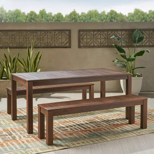 69'' Outdoor Patio Dining Table & 2 Bench for 4, Acacia Wood Farmhouse Dining Table Set Outdoor & Indoor Furniture for Patio Porch Garden, 3-Pcs, Dark Brown - Image 4