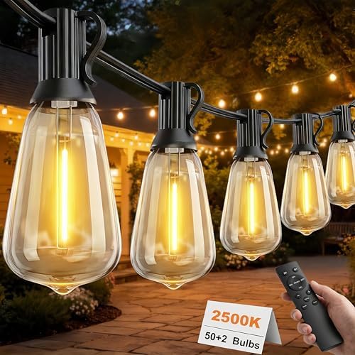 100FT Remote Outdoor String Lights for Outside, 50+2 LED Waterproof Shatterproof Edison Dimmable Timer Bulbs, 2500K Warm White Patio Lights for Garden Backyard Yard Hanging Lighting by Outdoorlights