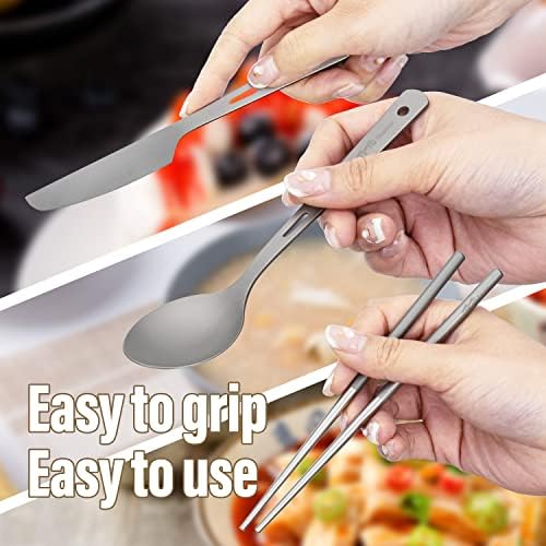 TiTo Titanium Cutlery Set Titanium Spoon Spork Knife Chopsticks Straw Portable Lightweight Outdoor Flatware Extra Strong 3/4/5 Piece Straw for Home Use/Travel/Camping/Picnic/Hiking Tableware (5-Piece) - Image 6