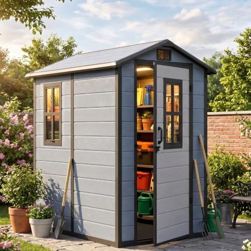 DWVO Outdoor Storage Shed 4.4×6FT, Garden Resin Shed with 2 Windows by DWVO