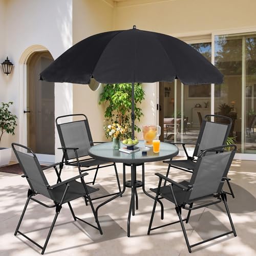 Vongrasig 6 Piece Folding Patio Dining Set,Small Metal Outdoor Garden Patio Table and Chair Set w/Umbrella for Lawn,Deck,Backyard,Black by Vongrasig