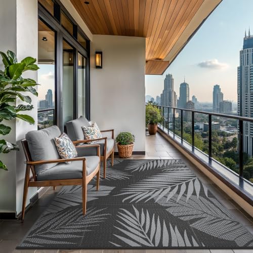 GENIMO Outdoor Rug, Waterproof Plastic Rugs for Patio, 9'x12' Black Grey - Image 4