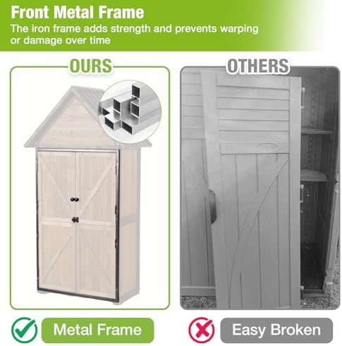 GUTINNEEN Outdoor Storage Cabinet, Upgraded with Durable Front Metal Frame Garden Shed Tool Storage Cabinet with Wooden Floor Adjustable Shelfs 2.5 x 1.4FT （Brown） - Image 5