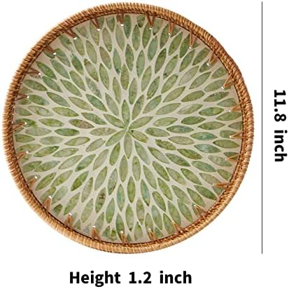 Round Rattan Tray with Mother of Pearl Inlay, Rattan Serving Tray with Wooden Base, Decorative Wicker Basket for Table Decor, Storage and Display of Coffee Bread Food Fruit (Leaf) - Image 6