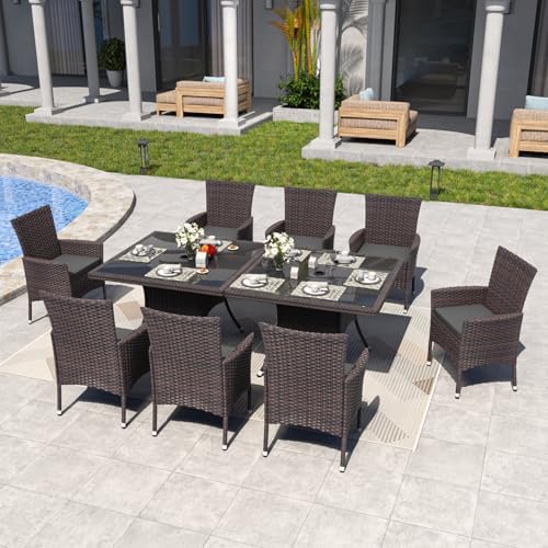ALAULM 10 Piece Patio Dining Set All-Weather Wicker Outdoor Patio Furniture Set w/Tempered Glass Tabletop, Removable Cushions and Umbrella Hole for Patio, Backyard, Garden, Poolside (Grey) - Image 6
