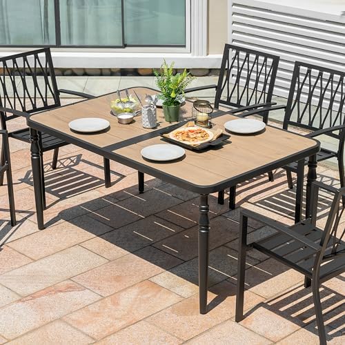 NUU GARDEN Patio Dining Table for 6, 61” x 37” Large Rectangle Metal Table with Wood-Grain Tabletop, Outdoor Table with 2.1” Umbrella Hole for Backyard, Lawn, Garden, Black - Image 2
