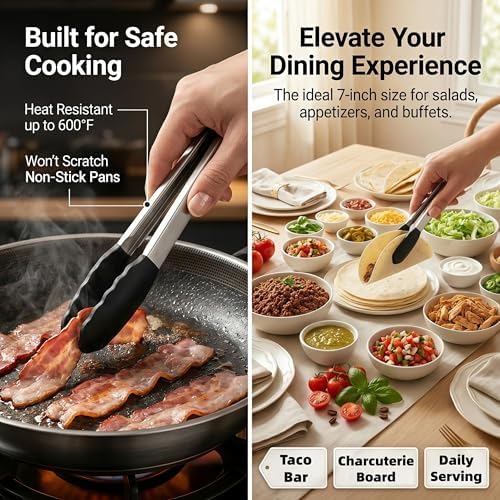 Grill Tongs,Mini Tongs with Silicone Tips,3Pcs bbq tongs 7-Inch Small Serving Tongs for Cooking, Stainless Steel Food small tongs with Locking Mechanism for Salad, Taco Bar, Appetizers & Buffet - Image 2