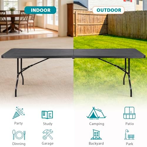 SUPER DEAL 8FT Folding Picnic Table for Indoor Outdoor, Portable Fold-in-Half Plastic Dining Camping Party Table with Carrying Handle, Black - Image 7