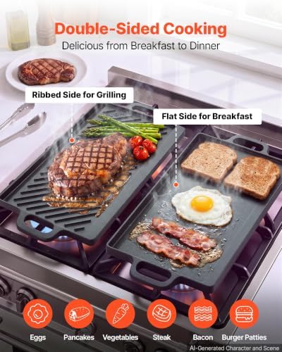 VEVOR Reversible Grill/Griddle 20x9 in Pre-Seasoned Cast Iron Pan Handle - Image 2