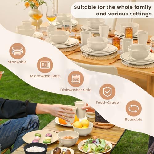 Homienly 40 PCS Dinnerware Set Service for 8, Kitchen Wheat Straw Dinnerware Set Unbreakable - Plates Set, Bowls Set,Cups Set, Microwave and Dishwasher Safe Dish Set for Dinner, Outdoor(Beige) - Image 5