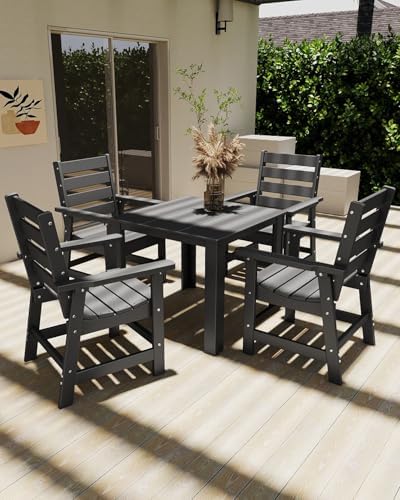 GREENVINES 5-piece Patio Dining Set, HDPE Square Table & 4 Chairs, Gray - Image 4