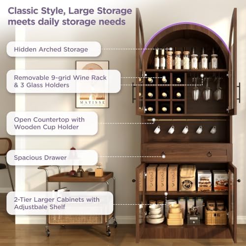 70"Tall Arched Glass Wine Cabinet with Adjustable Shelf & Wine Rack, Walnut - Image 6