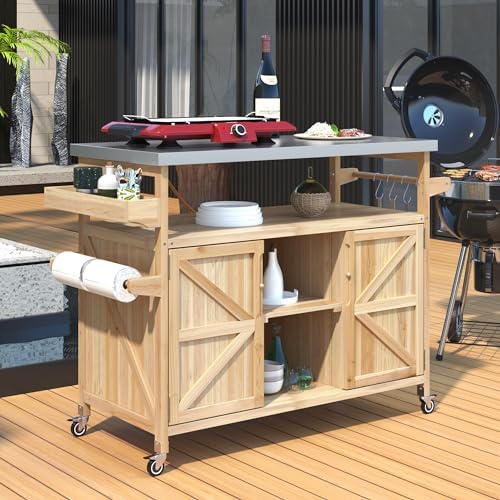 MEETFFAV 50.25" W Grill Cart with Stainless Steel Tabletop, Natural - Image 3