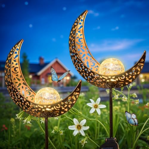 2Pack Moon Garden Gifts Solar Lights Outdoor Stakes Waterproof, Gifts for Mom, Crackle Glass Backyard Decor Balcony Lawn Ornaments, for Women Men Grandma (Bronze) by Homeimpro