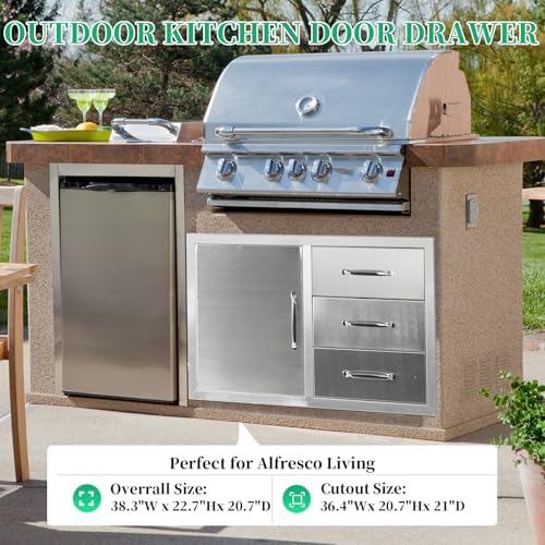 Outdoor Kitchen Door Drawer Combo Cabinet with BBQ Access and Triple Drawers for Outdoor Kitchen Island, Dimensions 38.1"" W x 22.6"" H x 20.8" (Drawer with Handle and Left Door Combo) - Image 3