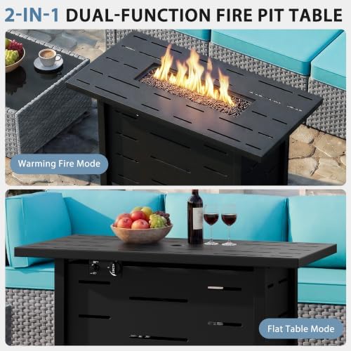 Shintenchi 8 Piece Outdoor Patio Furniture Set with 43 Inch Propane Fire Pit, Washable Cushions, Glass Coffee Table, Waterproof Cover & CSA Certified for Backyard Poolside, Silver PE Rattan/Blue - Image 6