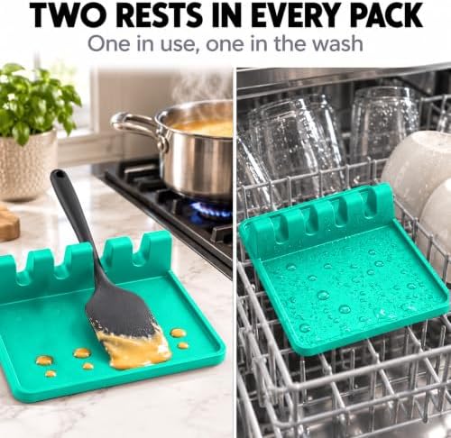 2 Pack Aqua Green Silicone Spoon Rest for Stove Top Kitchen Spoon Holder Set - Image 5