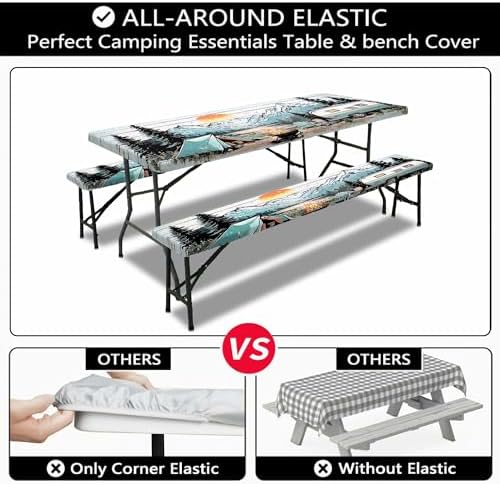 Picnic Table Cover with Bench Covers and Bag, Wooden Camper Waterproof Windproof, Fitted Tablecloth Cover with Elastic Edge, for Indoor & Outdoor, Garden, Camping, 3 Pieces Set, 30x96 Inch - Image 6