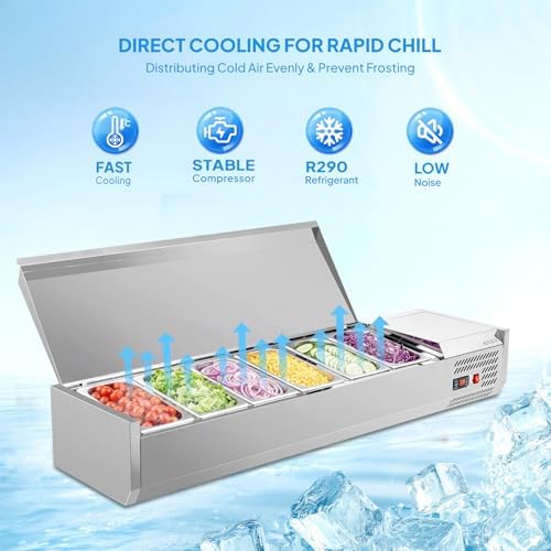 ROVSUN Refrigerated Condiment Prep Station, 59" Sandwich Prep Table ETL NSF, 34.2QT Salad Bar Prep Rail w/Auto Defrost, Temp Control, Stainless Steel Cover & 6 * 1/3 Pan for Restaurant Food Truck - Image 2