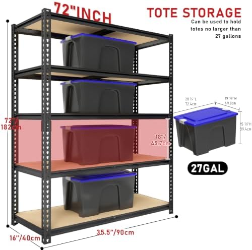 72" H Heavy Duty Garage Shelving, 2400LBS Capacity 5-Tier Storage Shelves,Adjustable Industrial Metal Garage Shelves for Basement Pantry Kitchen Warehouse, 16" D x 36" Wx72 H,Black - Image 3