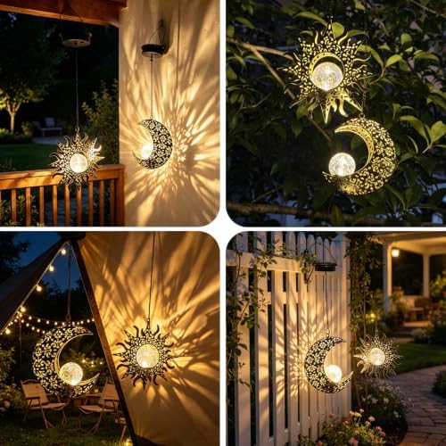Solar Sun & Moon Lanterns Set, Hanging Decor for Garden, Gifts for Grandmom - Image 3