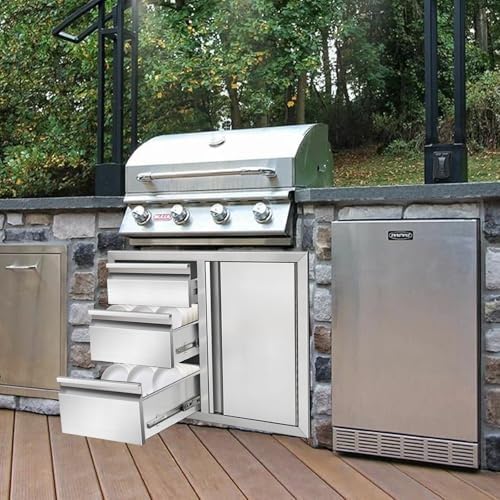 Outdoor Kitchen Drawer Combo Cabinet, Stainless Steel Triple Drawers with Integrated Access Door, 28" W x 22" H x 19.5" D Outdoor Built-in Cabinet for BBQ Island Grill Stations - Image 2