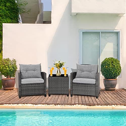 RELAX4LIFE Wicker Patio Furniture Sets - 3 Pieces Rattan Sofa Set, Outdoor Conversation Set with Tempered Glass Tabletop, Heavy-Duty Steel Frame, Wicker Chair Set for Poolside, Backyard, Grey - Image 2