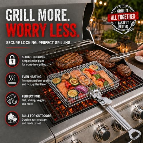 BBQ Grill Basket Set, Stainless Steel Grilling Basket with 12 Inch BBQ Tongs & Oil Sprayer, 12.6 x 8.7 x 2.36 in Folding Barbecue Basket for Fish, Vegetables, Shrimp, Steak, Outdoor Grilling - Image 7