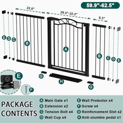 Fairy Baby 59.9"-62.5" Extra Wide Baby Gate with Door, 60 61 62 Inches Walk THR Baby Gates for Stairs Pressure Mounted no Drill, Indoor Tension Metal Child Pet Dog Safety Gate for Kids, Black - Image 2